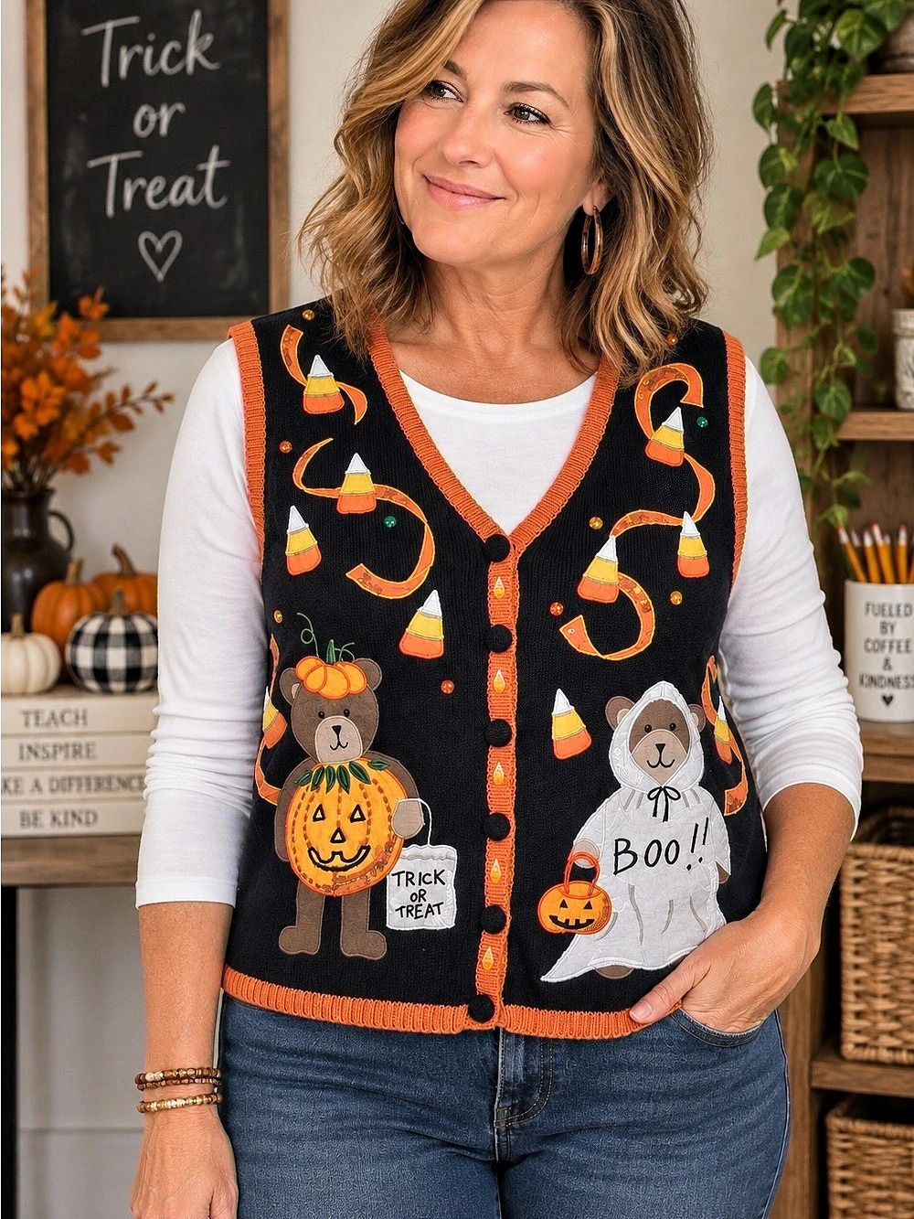 Vintage Basic Editions Halloween Teddy Bear Candy Corn Sweater Vest Women’s M